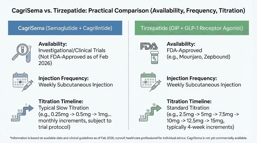 Practical comparison infographic for CagriSema vs tirzepatide availability and administration