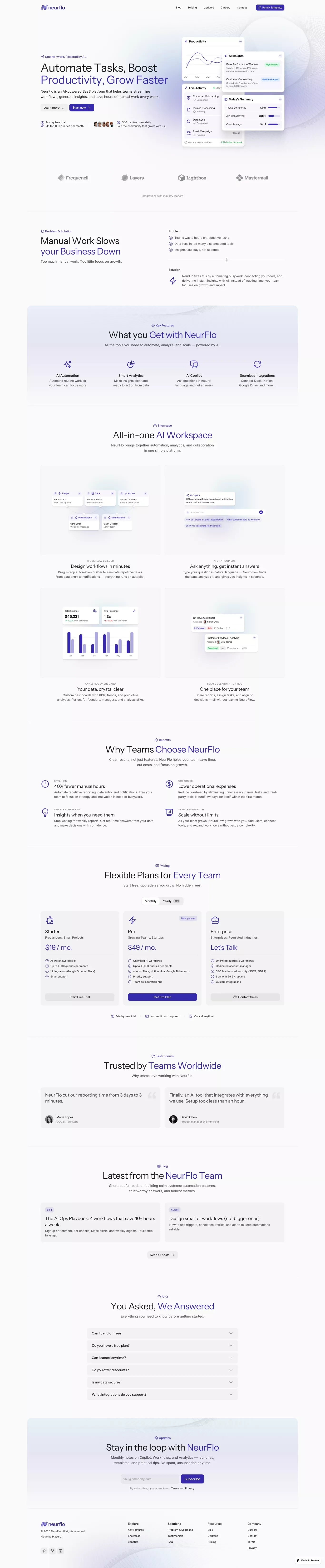 NeurFlo - Free AI Template for Framer landing page screenshot showcasing AI and Tech design