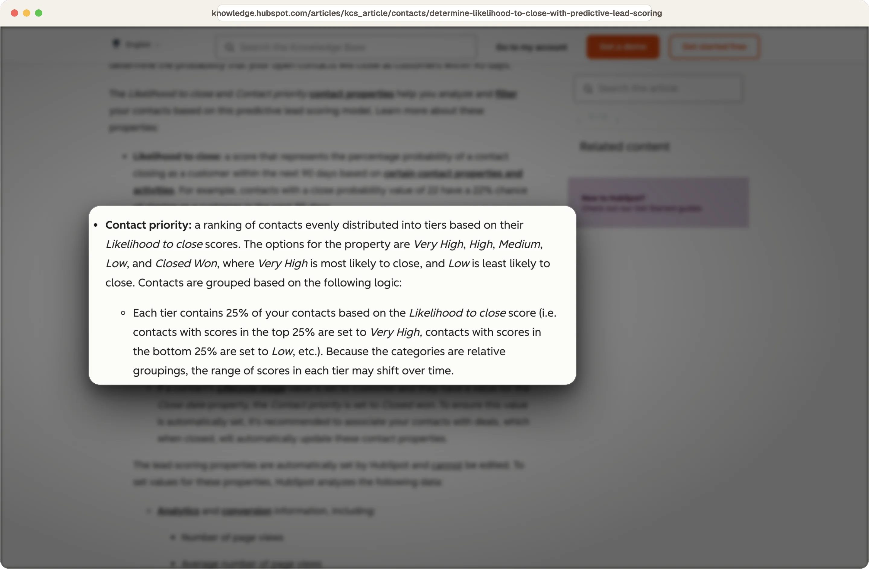HubSpot knowledge base defining Contact priority tiers, each holding 25 percent of contacts by Likelihood to close