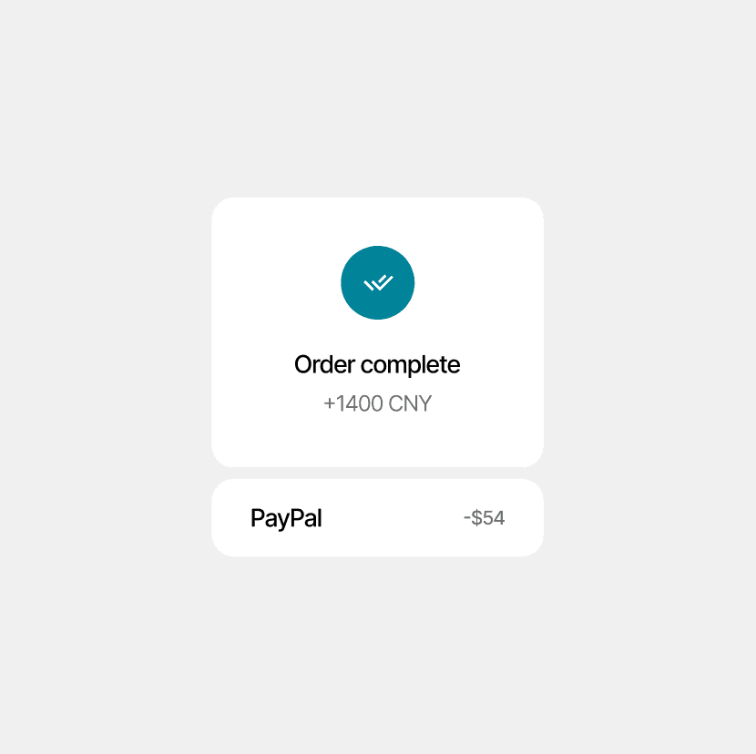 Order complete confirmation with a checkmark, showing +1400 CNY, and a PayPal transaction for -54.