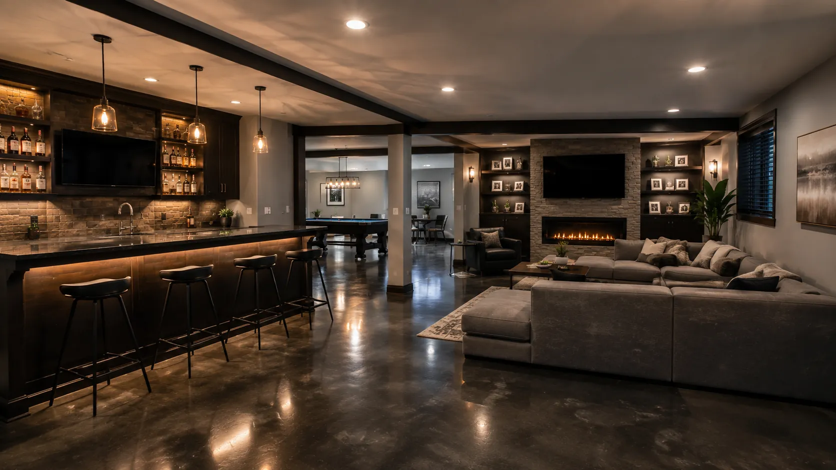Luxury entertainment basement featuring custom bar with wine storage, fireplace, modern lounge seating, and polished concrete flooring with ambient lighting.