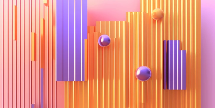 Abstract 3D rendering featuring vertical orange and purple fluted columns with floating, glossy purple and orange spheres.
