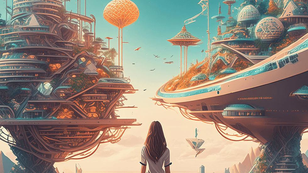 A woman stands gazing at two futuristic landscapes, one representing work, the other personal life—symbolizing the search for balance in a modern world.