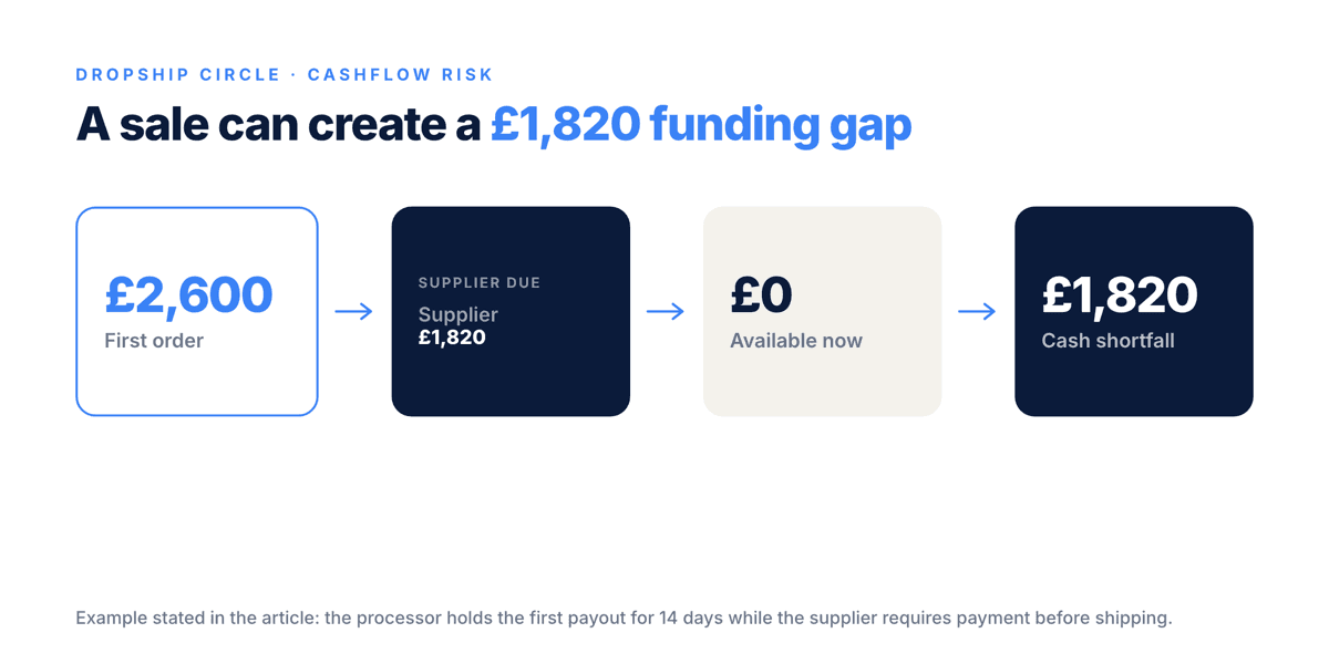 Cashflow diagram showing a £2,600 first order, a £1,820 supplier payment due, a 14-day processor hold leaving £0 available, and a £1,820 shortfall.