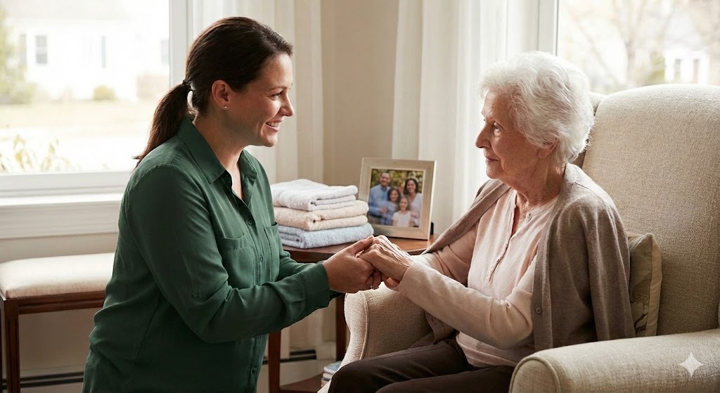 Eine lächelnde Pflegekraft hält liebevoll und vertraut die Hände einer Seniorin im eigenen Zuhause; ein Moment menschlicher Wärme und Würde.