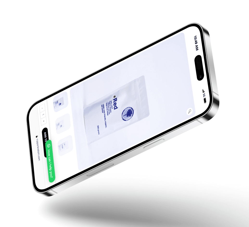 Smartphone showcasing Nippon Kratom's website, specifically the product page for "Red Kratom". The product image shows the bag's label with product information.