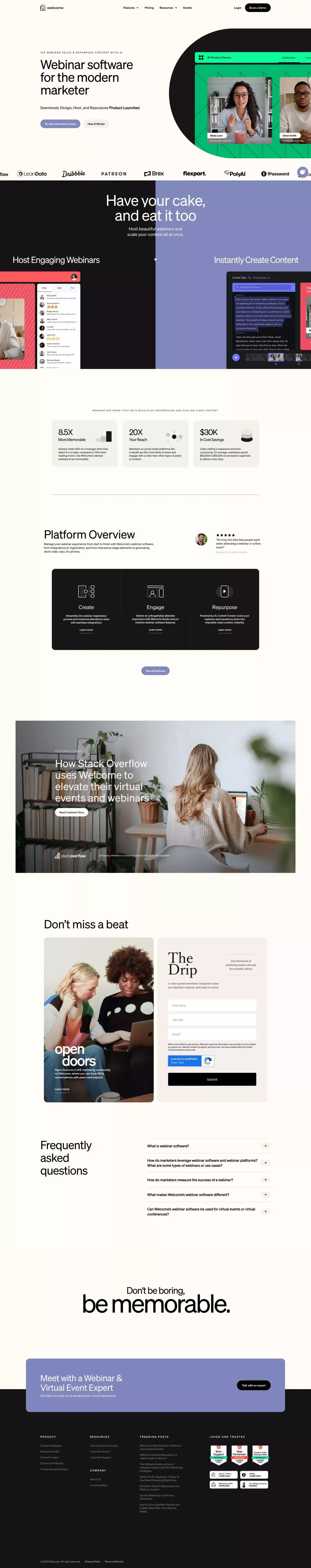 Welcome - Webinar Software for Marketers landing page screenshot showcasing Tech and Marketing design