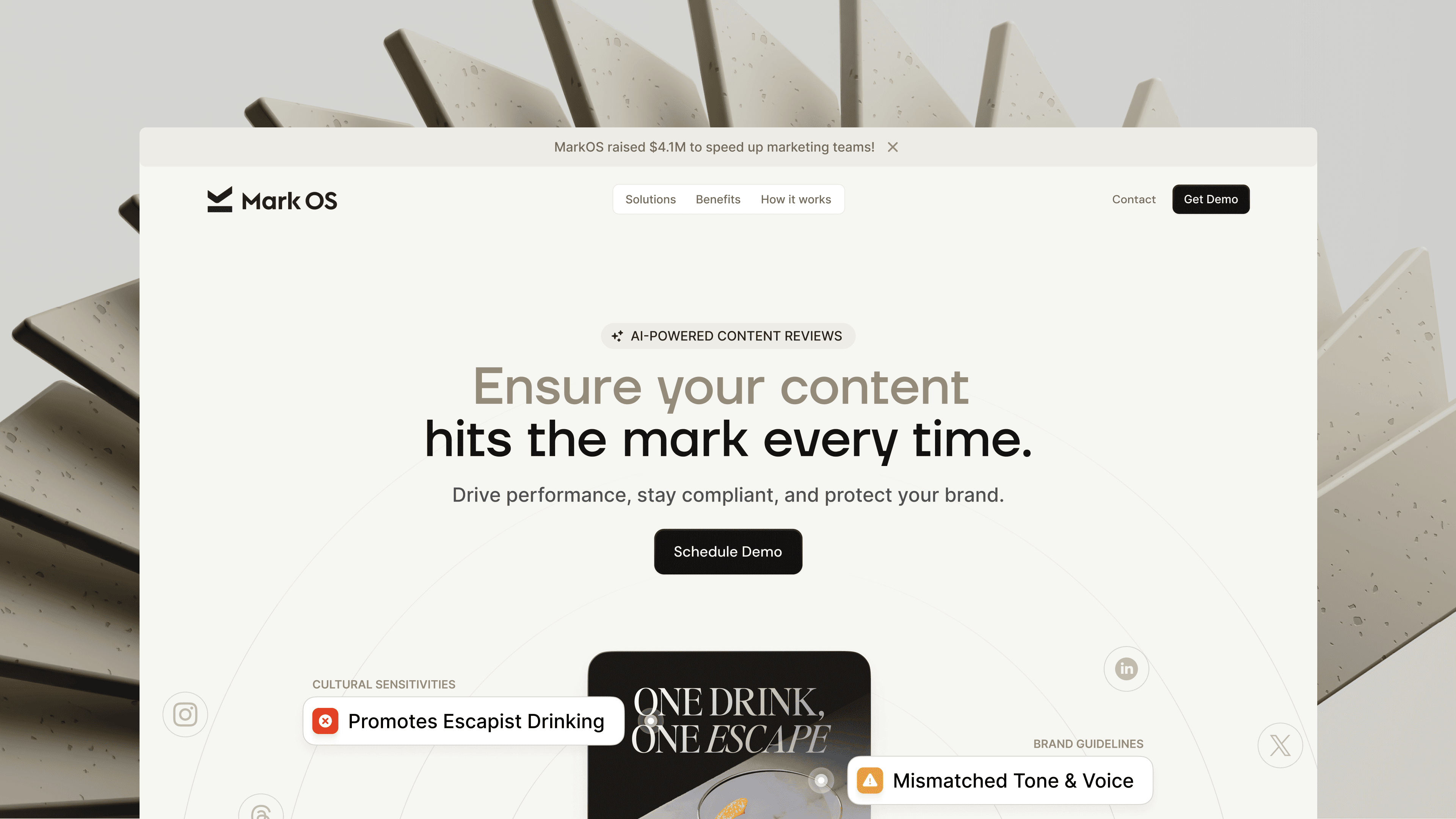 MarkOS website homepage design showing AI-powered content review platform. Brand identity and web design by WeGrow.