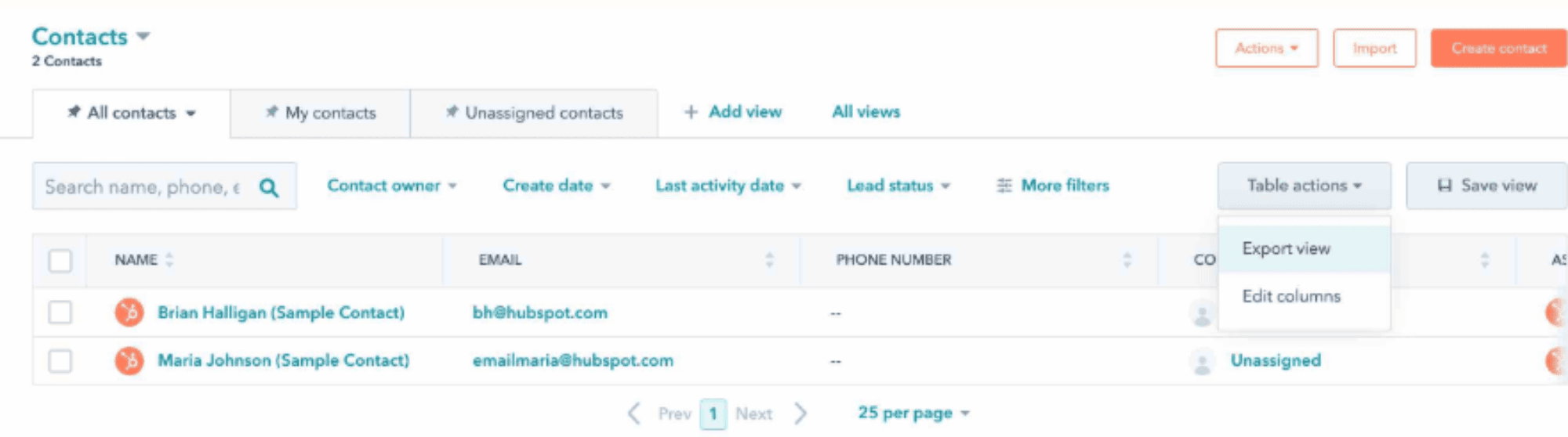 Export Contacts from HubSpot.png  Alt text: "HubSpot contact list interface with table actions dropdown highlighting 'Export view' option."