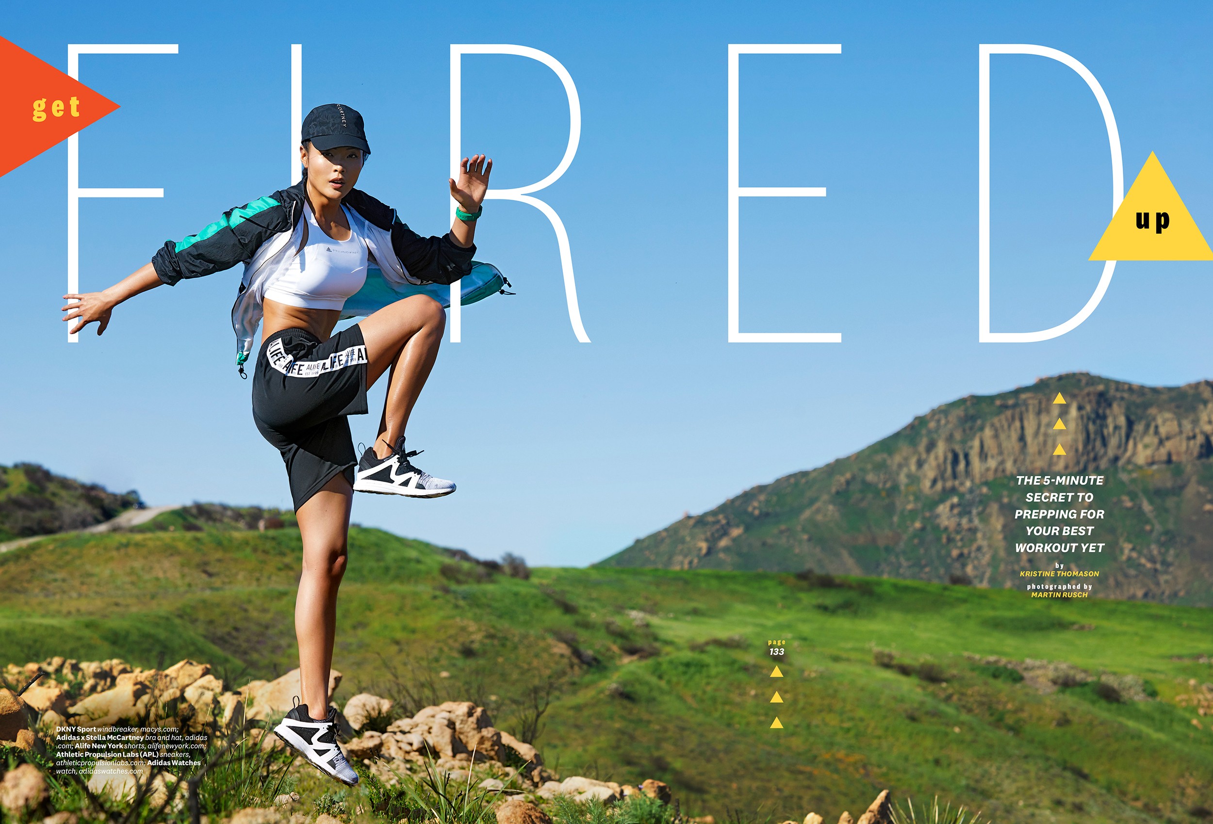 Fashion spread of a model in fitenss outfit doing a big hop on a California mountain side.