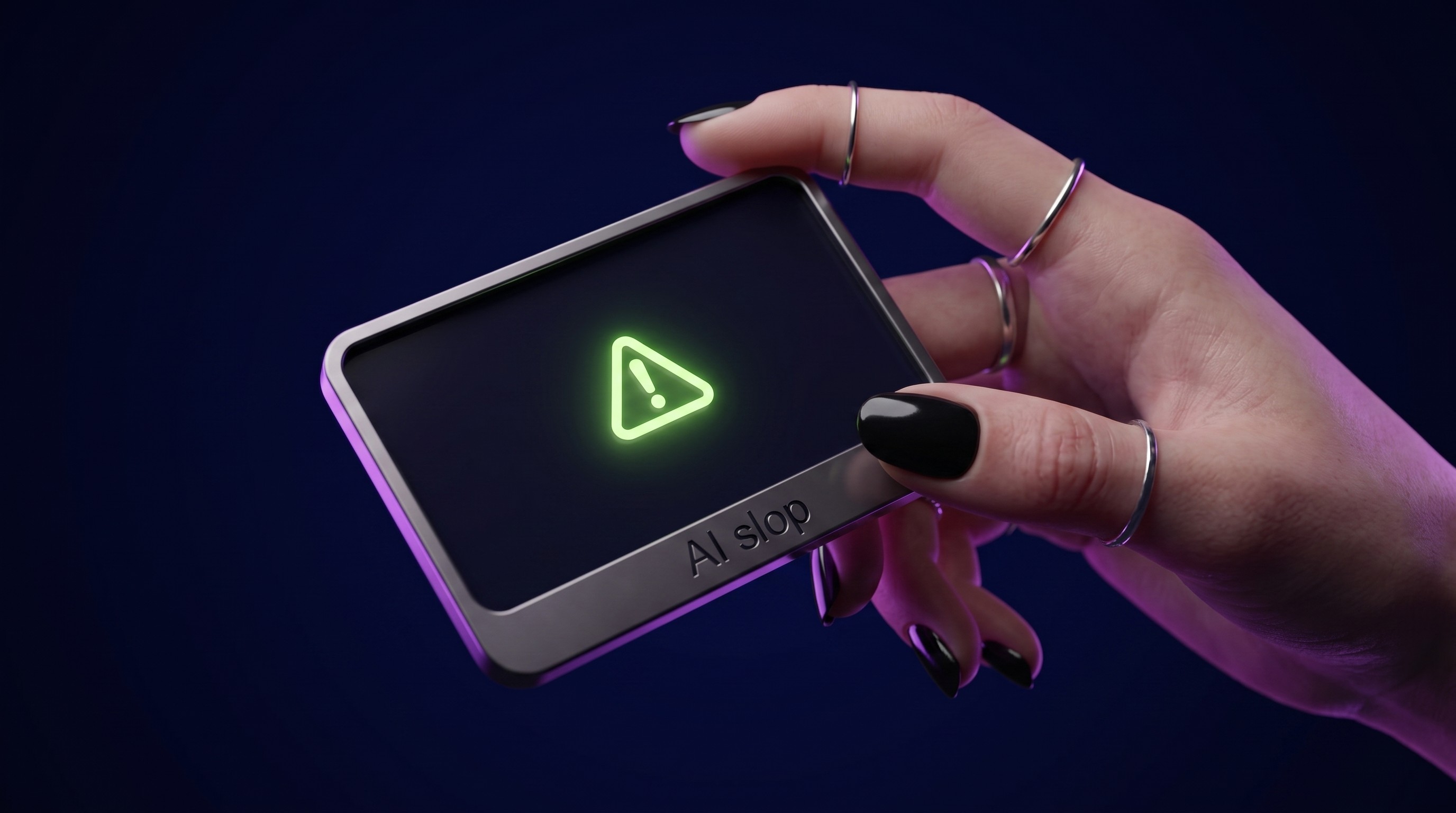 A hand tilting a private analytics card with a single warning glyph