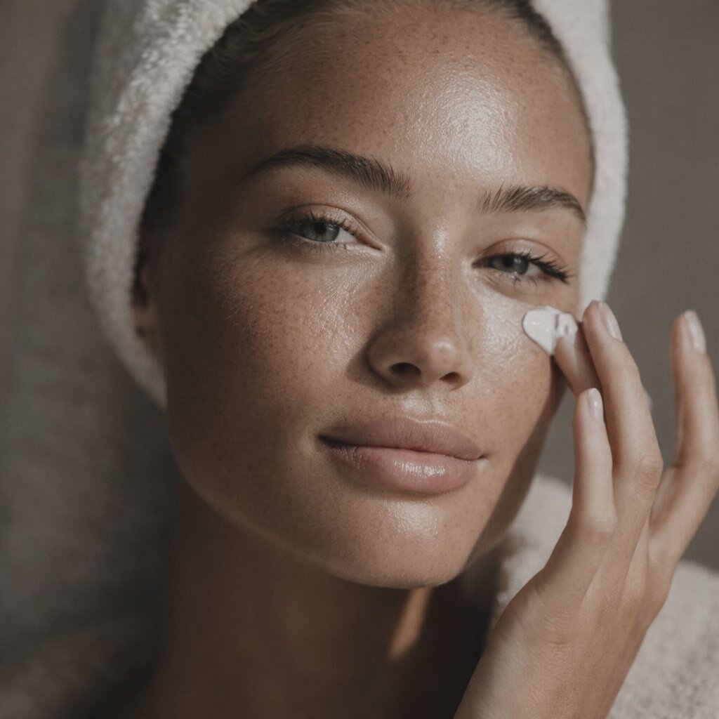 Woman applying facial skincare cream in a minimalist Scandinavian aesthetic clinic