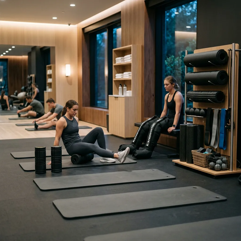 Women recover in a gym with foam rollers and compression boots.