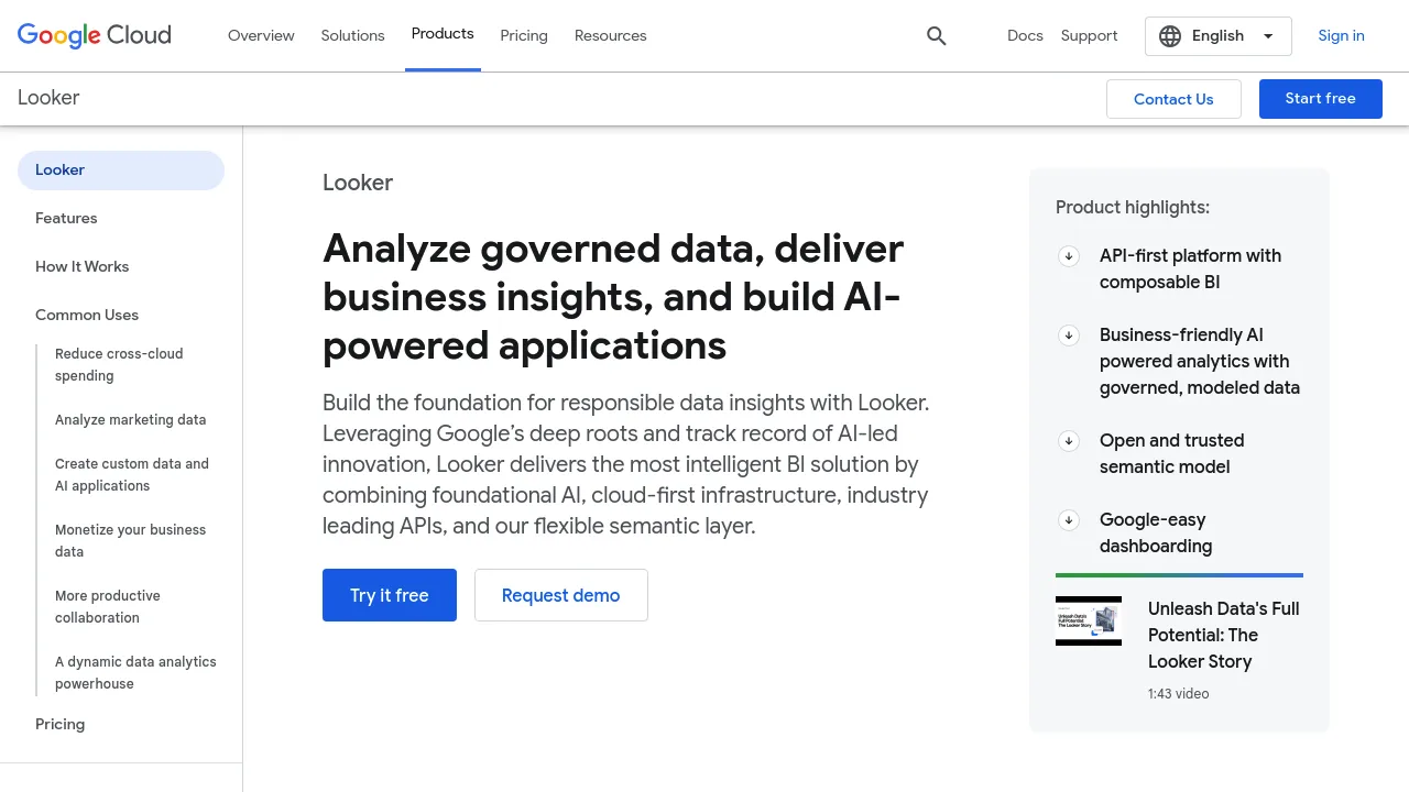 Screenshot of the Looker website displaying data analytics and business intelligence platform features