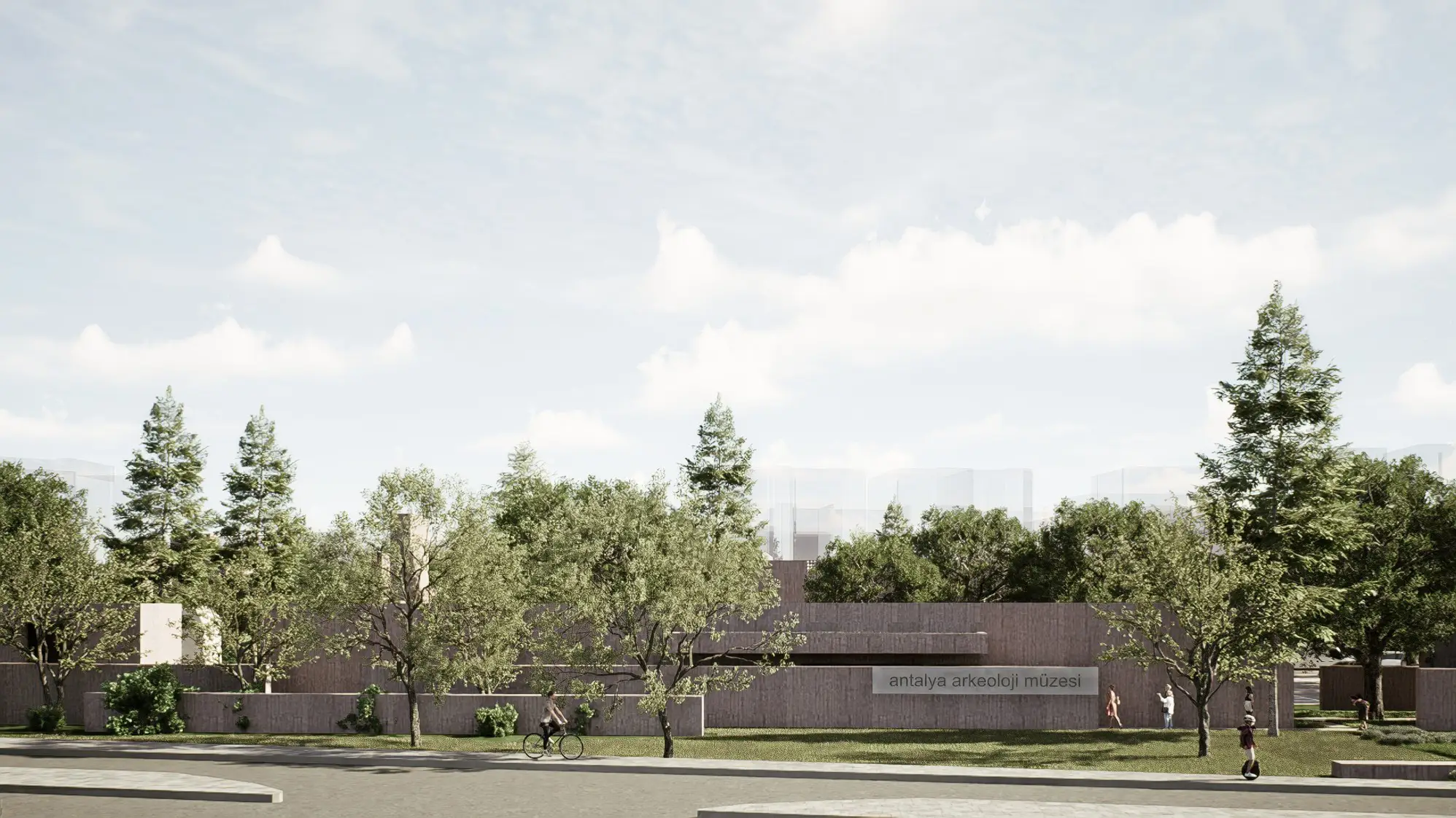 Street view of the museum, with the low entrance building behind a row of trees