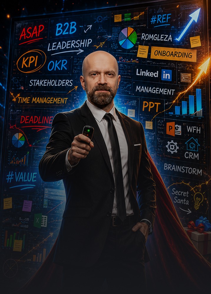 Consultantu Cristi, comedian corporate, în costum cu buzzwords de birou pe fundal
