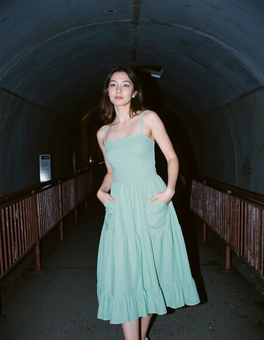 Mint green tiered sundress with spaghetti straps photographed in concrete tunnel, creating dramatic contrast between soft fabric and industrial setting