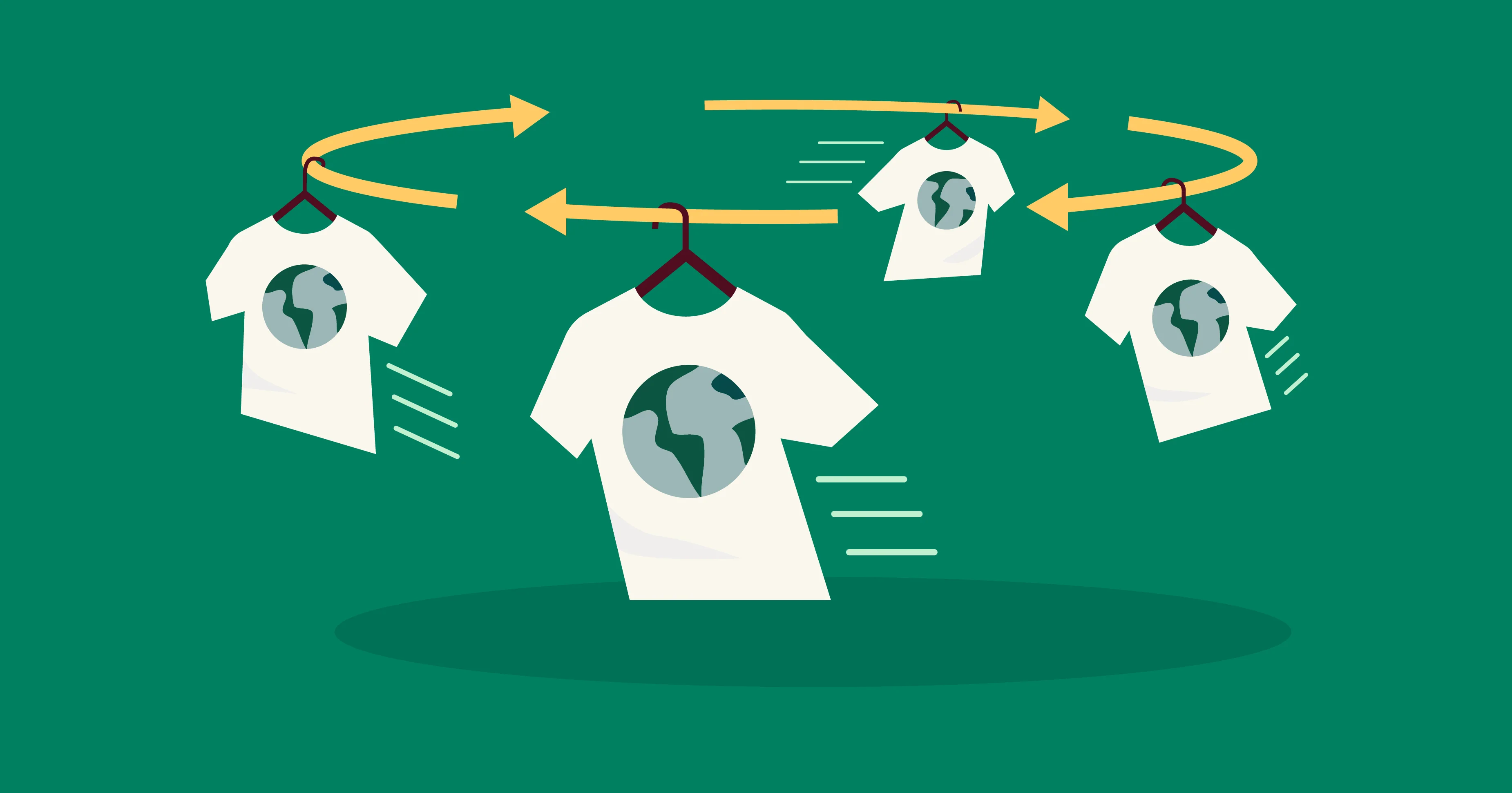 Illustration weißer T-Shirts auf Bügeln, die im Kreis laufen – Sinnbild für die wachsende Nachfrage nach Wiederverkauf und Gebrauchtware.