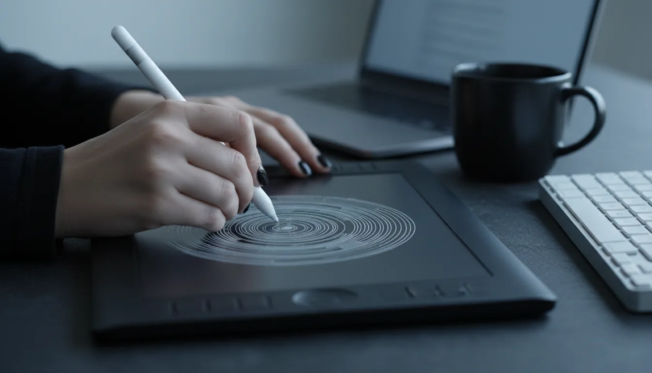 DSLR photography, close-up shot of a digital artist's hands with black nail polish drawing a circular black and white illustration on a graphics tablet using a white stylus. The scene is set on a dark desk, with a matte black ceramic coffee mug and a white keyboard to the right. A laptop is visible in the soft bokeh background. The image has a moody, focused atmosphere with cinematic contrast and cool, desaturated tones, lit by soft directional daylight creating a shallow depth of field.