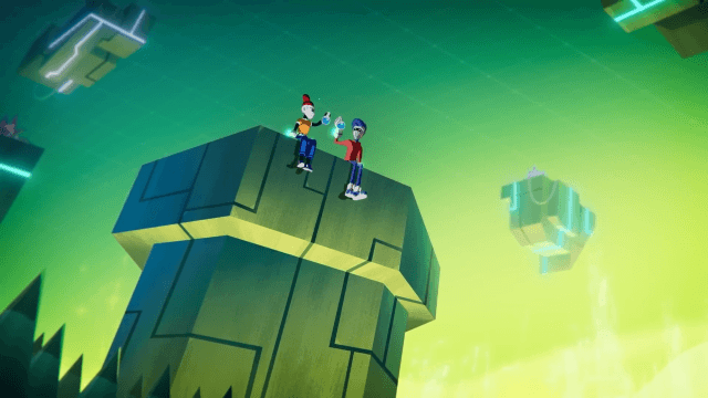 Animated duo sharing a moment atop floating platforms in a digital world environment