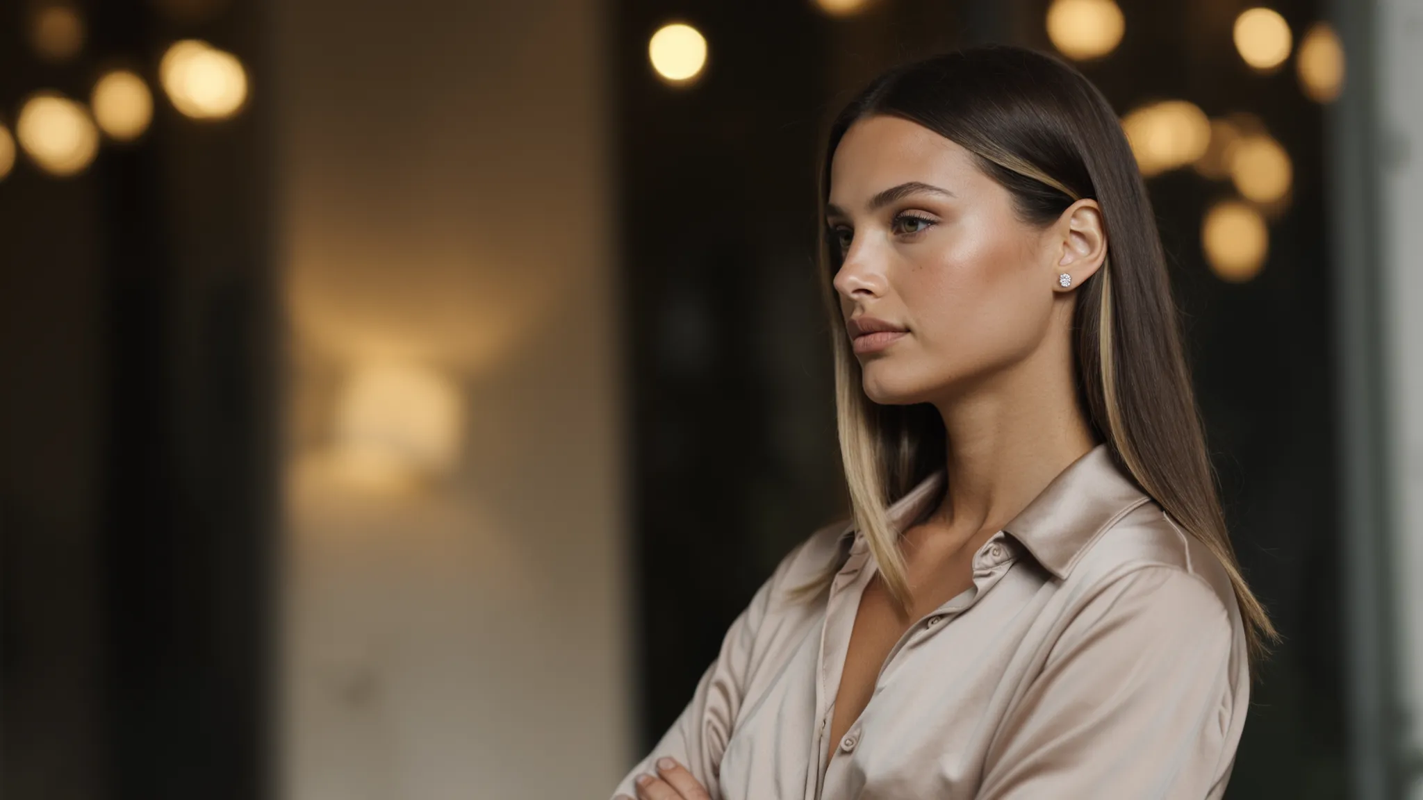 KI-Model im eleganten Satinhemd steht seitlich vor unscharfen warmen Lichtern, mit ruhigem Ausdruck und dezentem Make-up in modernem Ambiente