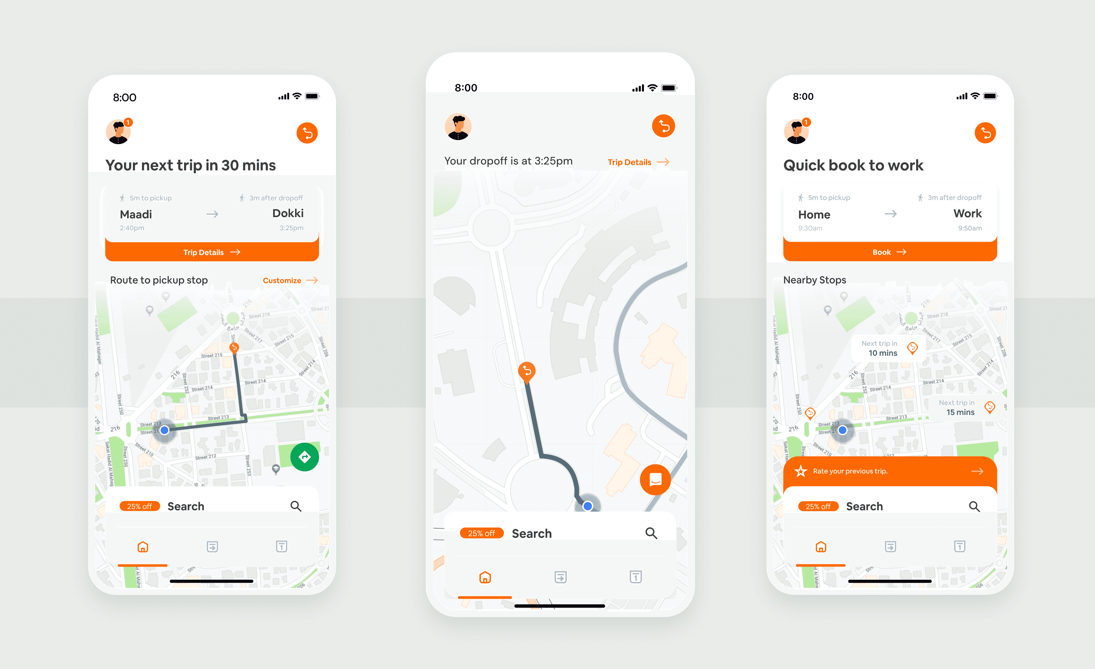 Home screen states: the next trip, the dropoff and quick book