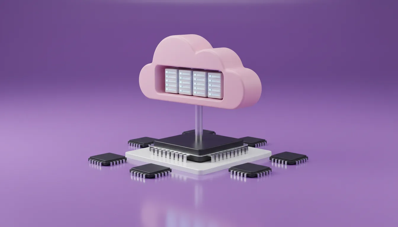 A 3D render of a cloud computing architecture, minimalist tech illustration. In the center, a stylized, matte pink cloud icon is open to reveal a row of white vertical server racks emitting a soft blue glow. This cloud structure is elevated on a thin metallic stem connected to a large, square, black CPU with rounded corners, which rests on a white and chrome base. This central unit is surrounded by a symmetrical array of smaller, identical black chips on chrome bases, symbolizing virtual desktops. The entire composition sits on a smooth, reflective purple floor against a clean purple studio backdrop, illuminated with soft global illumination.