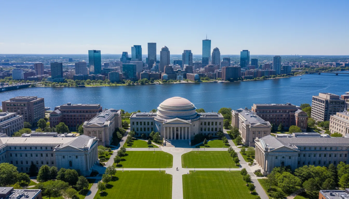 High-angle drone shot, wide-angle DSLR photography of the MIT campus in Cambridge, focused on the iconic Great Dome and the symmetrical neoclassical buildings surrounding a manicured green lawn. The view looks across the wide, sparkling blue Charles River towards the Boston city skyline on the horizon. The image is captured in bright natural daylight under a clear sky, with a deep depth of field keeping the stone building textures and distant skyscrapers in sharp focus.