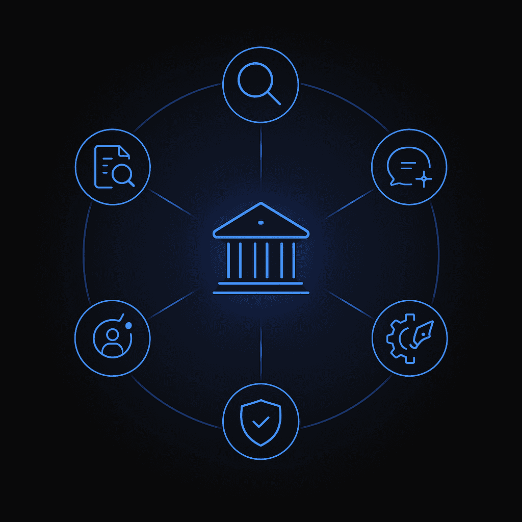 Radial diagram linking six AEO evaluation criteria icons around a central fintech hub