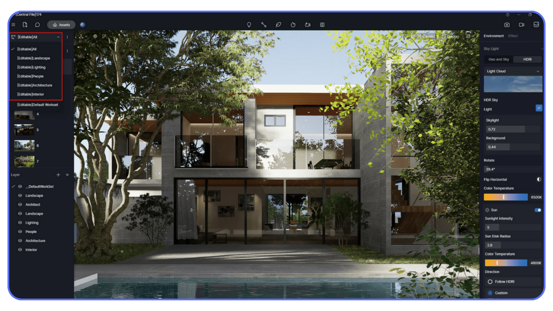 D5 Render real-time visualization linked with Blender showing modern interior lighting and reflections