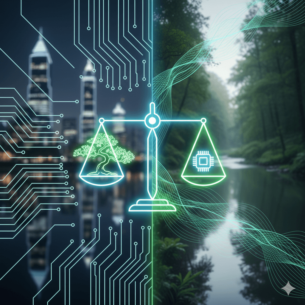 Symmetric balance scale symbol over a tech-inspired background for M3M luxury residences