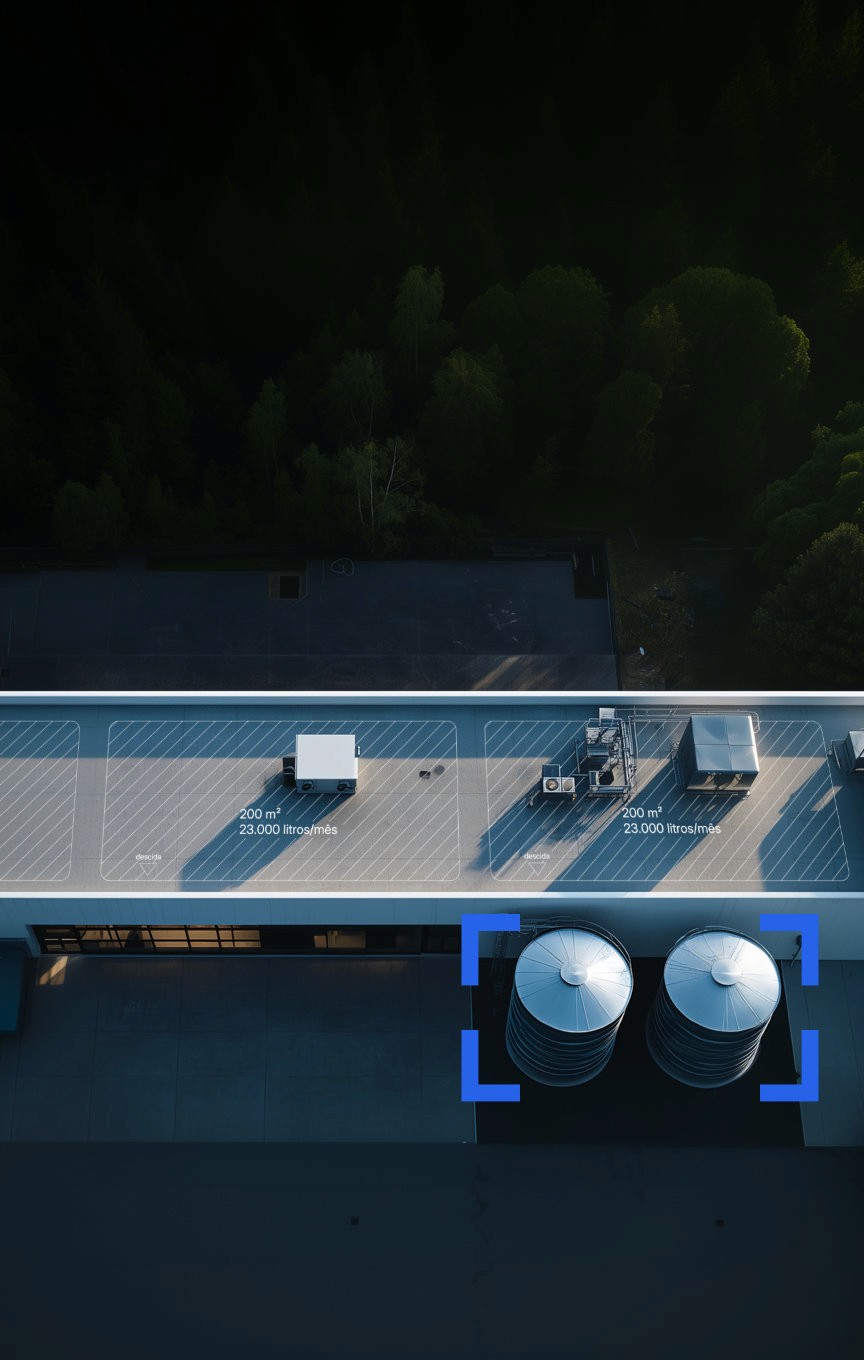 vista aérea do telhado de um edifício industrial com dois grandes reservatórios de água da chuva adossados ao exterior e, ao fundo, um bosque