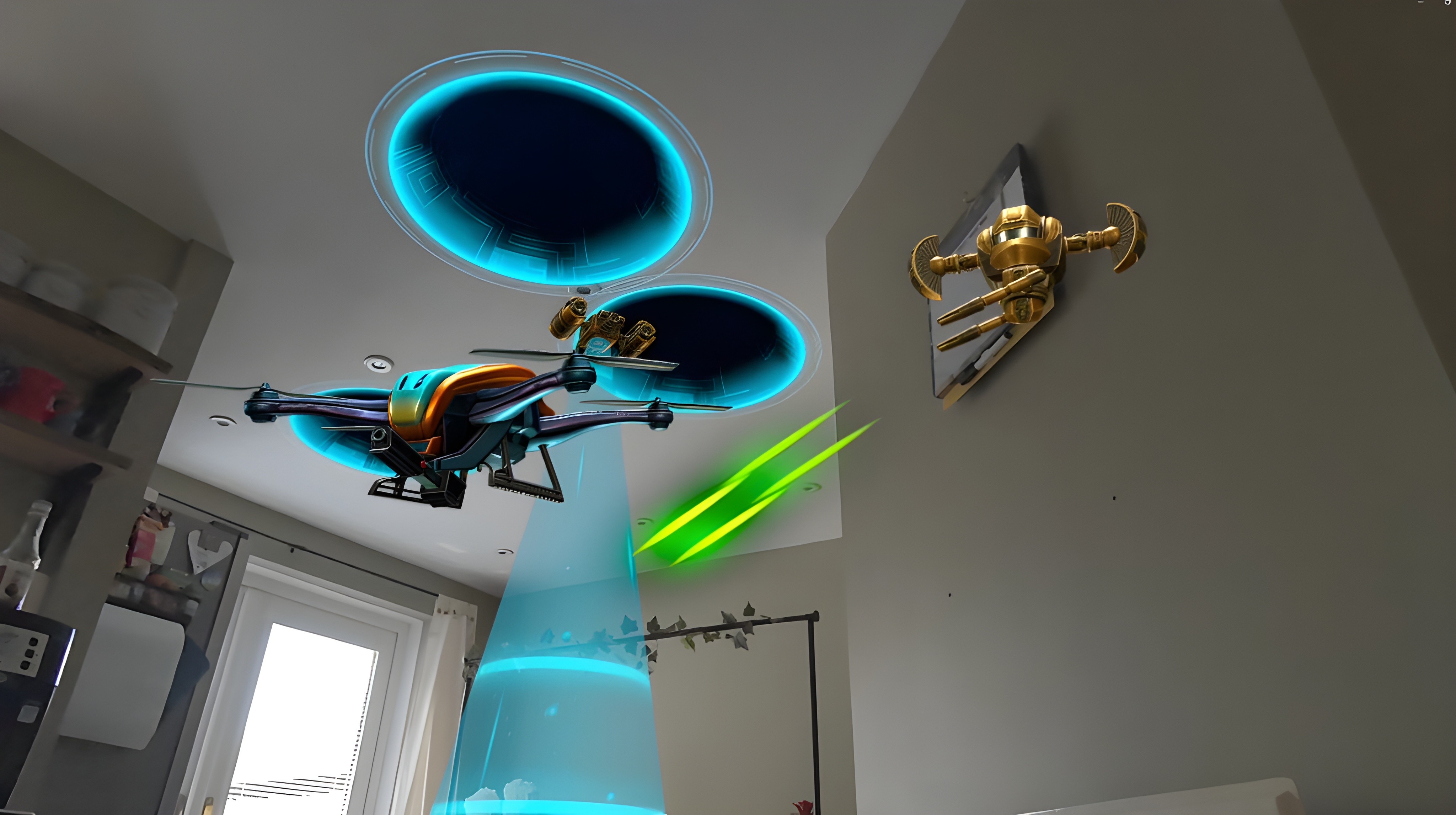 In the Alien world, players have to truly master drone control. Alien drones emerge from glowing portals that tear through the player's own ceiling, forcing fast aerial maneuvers and precise counterattacks.