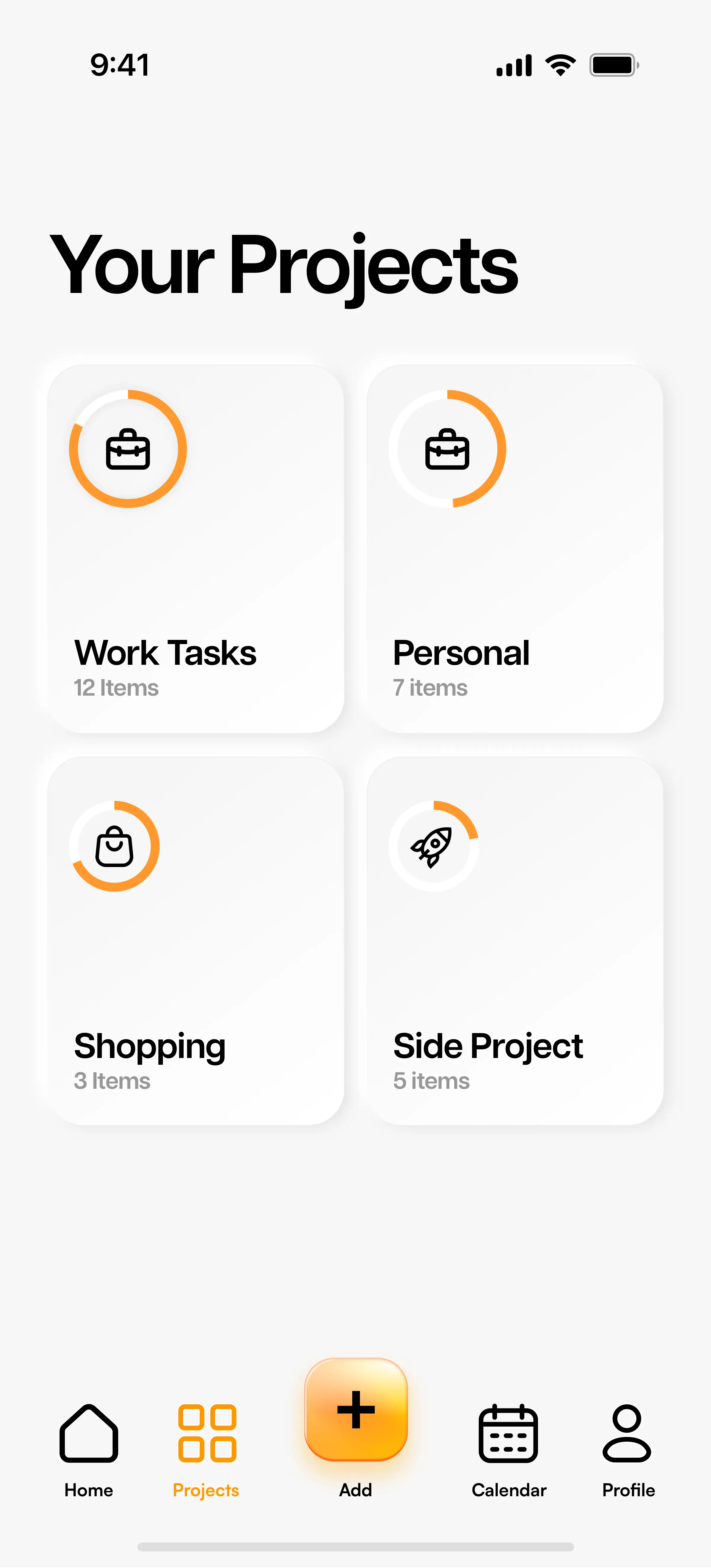 Projects screen displaying four project cards titled Work Tasks, Personal, Shopping, and Side Project, each showing the number of items within.