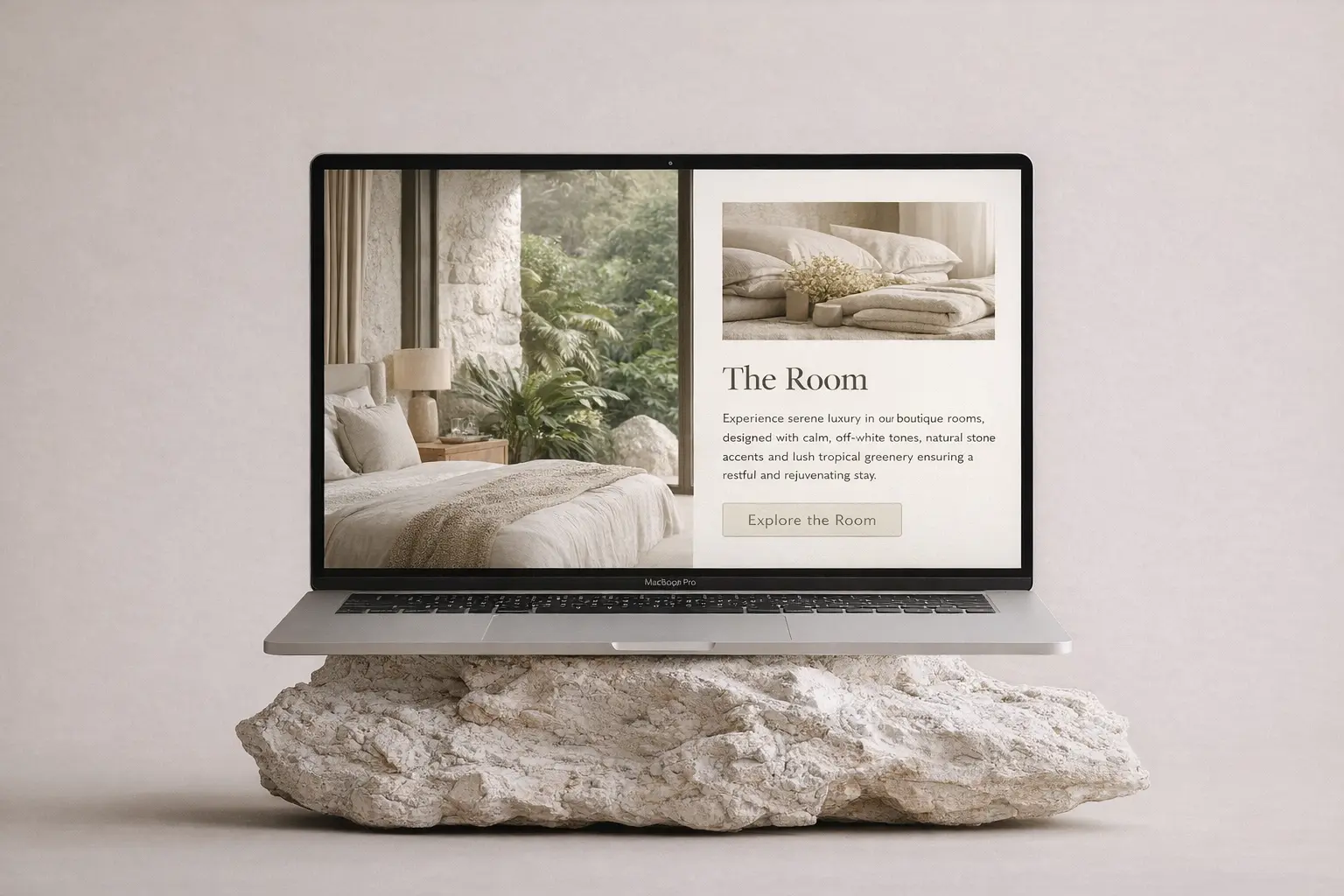 Luxury hospitality website room page mockup featuring tropical villa bedroom design