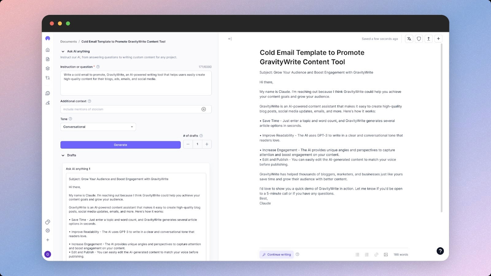 An image of Hypotenuse AI's platform showing a draft for cold email outreach with a conversational tone and content creation tips.