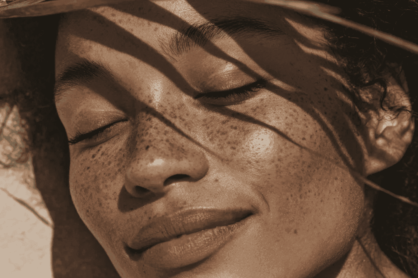 Portrait of a freckled woman with closed eyes in sunlight