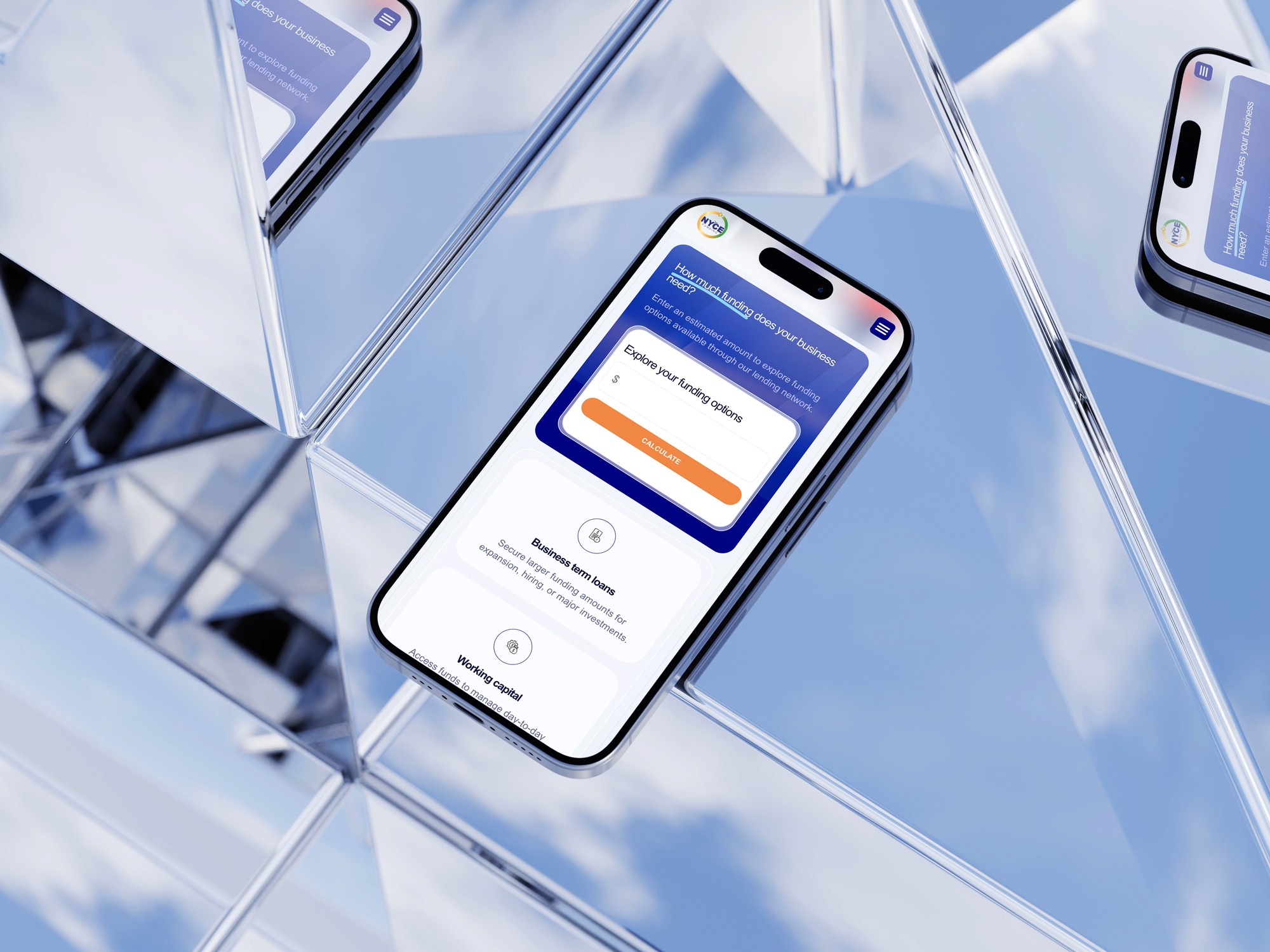 Mobile interface showing small business funding application form with clear steps