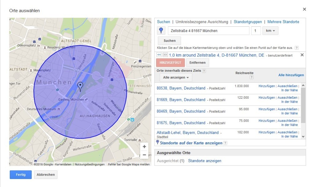 Darstellung einer Straßenkarte mit einem Standort und dem entsprechenden Ausspielradius für Google AdWords Kampagnen