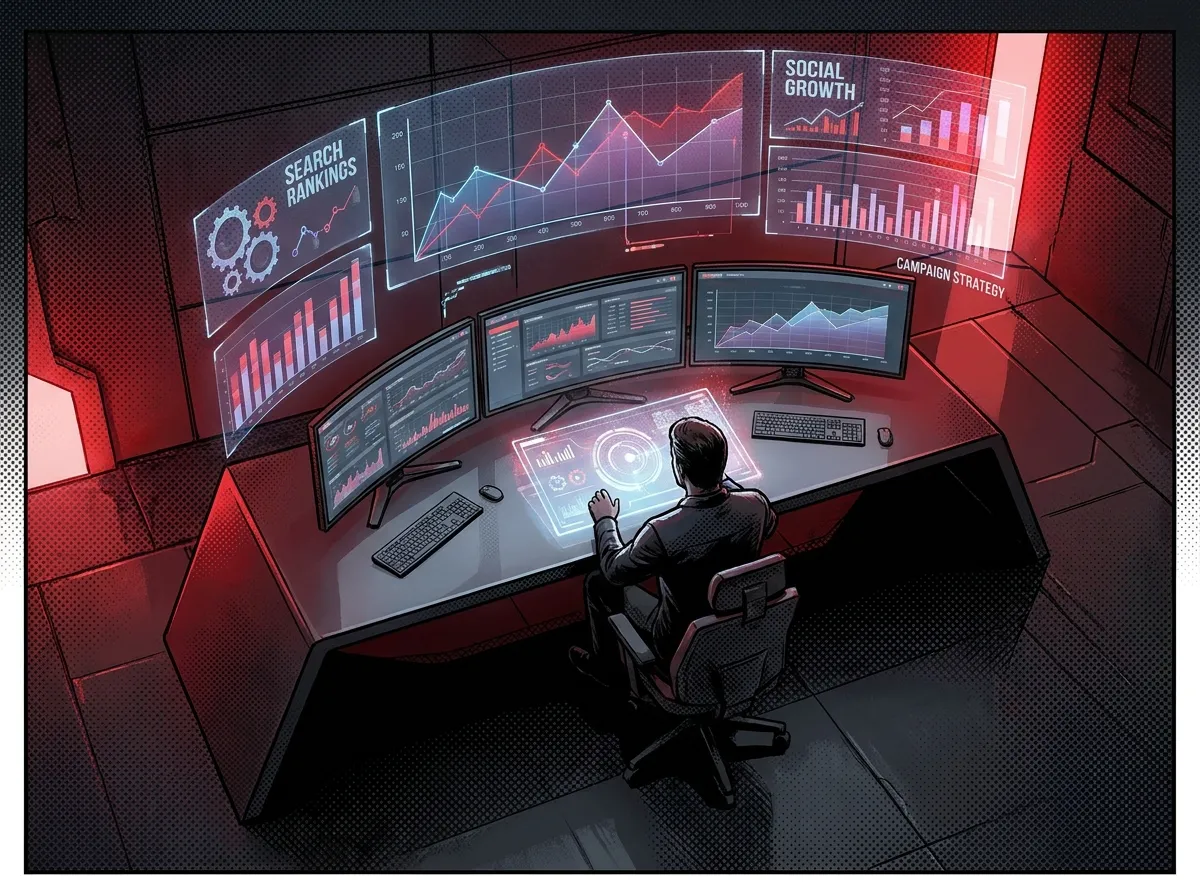 Digital Marketing expert at RockN' Socials monitors analytics on multiple screens.
