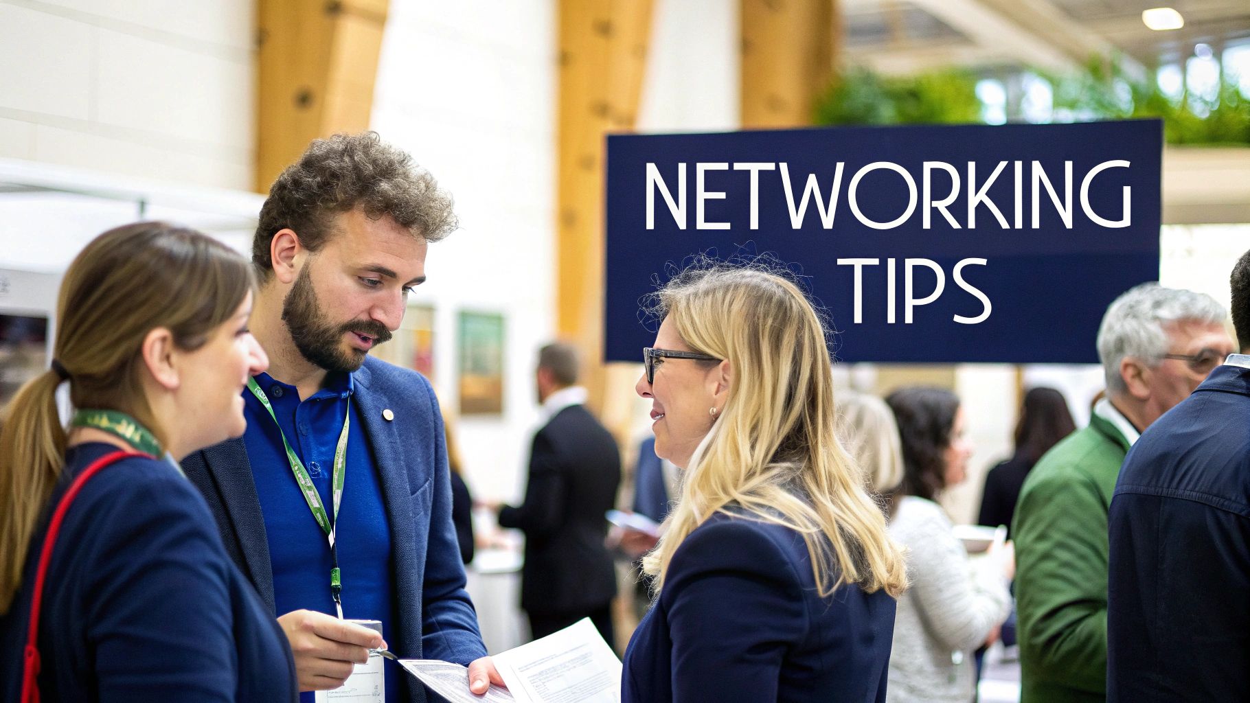 Professionals engaging in conversation at a networking event, with a sign in the background reading "NETWORKING TIPS"; a casual business setting with people interacting and exchanging information