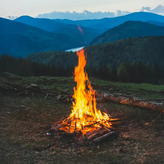 Bright campfire flames above logs, with wooded mountains in the background