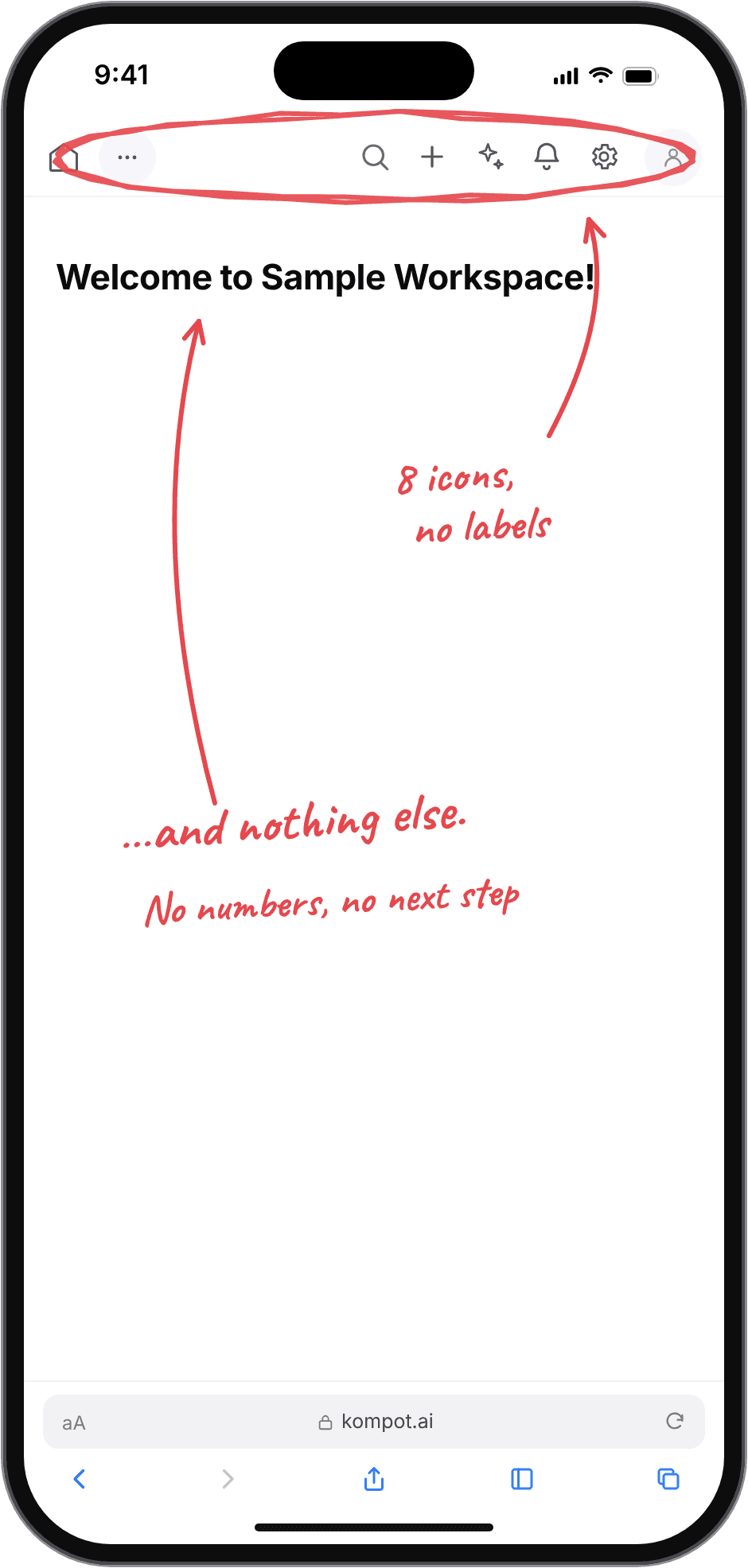 Mobile dashboard before the redesign, annotated: eight unlabelled icons in the top bar and a greeting with nothing under it