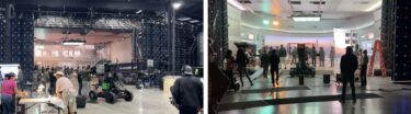 Two views of an LED volume stage in use with different set-ups and many crew members working away.
