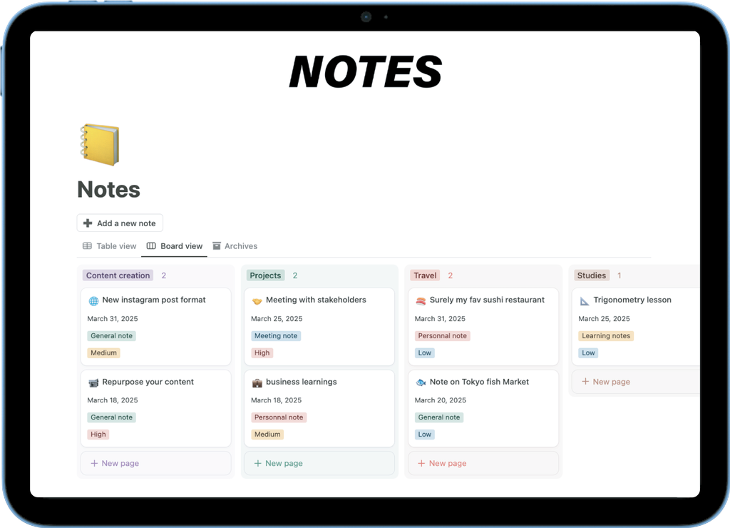 Notion notes organizer - sort ideas by projects, travel, or studies with priority tags