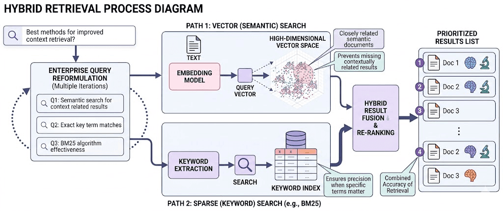 The hybrid retrieval process, combining vector and keyword search for highly accurate results