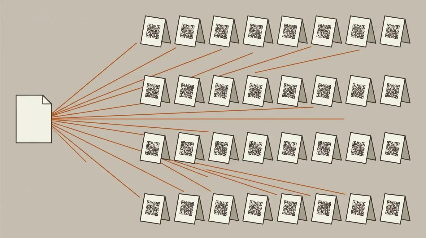 A single page on the left with lines fanning out to even rows of identical printed QR cards, one for every room in a hotel.