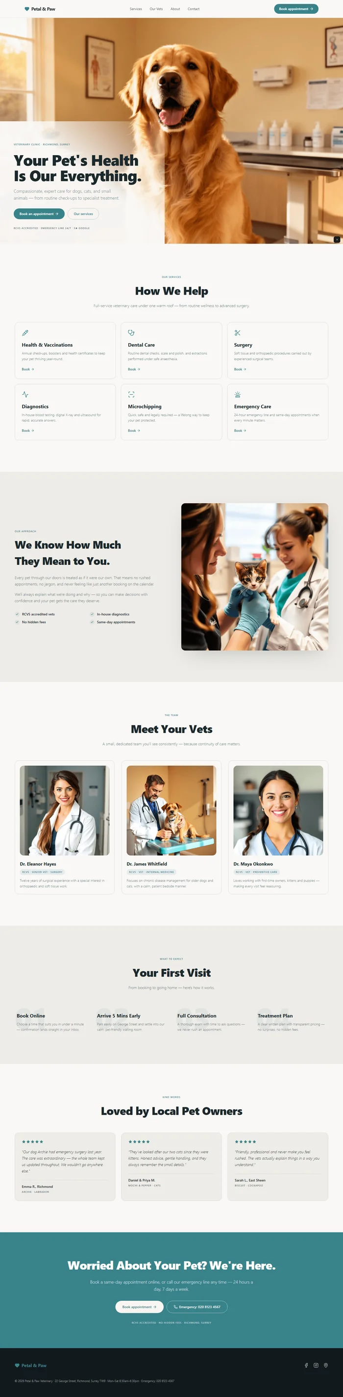 Vet clinic website prompt full preview — warm white #faf7f2 background with deep teal #2a6b73 primary and warm amber accent, Plus Jakarta Sans 800 hero headline in warm cream corner panel over full-bleed golden retriever photography, directional gradient making text readable regardless of photo composition, six-service grid in three-by-two layout with teal lucide icons and soft hover glow, four-step first visit process with faded teal background numbers, and full-width teal emergency CTA with dual appointment and phone buttons