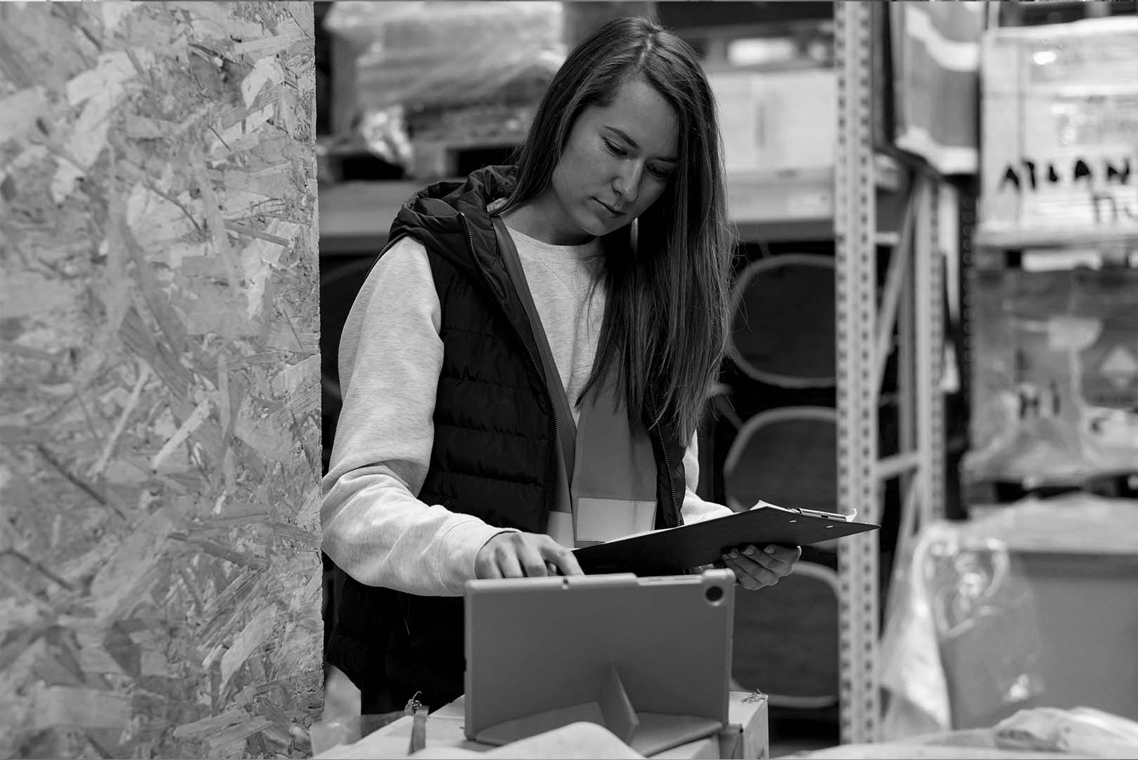 A woman standing in a warehouse holding a clipboard while entering information on a tablet. The background features shelves filled with boxes, indicating a logistics or inventory management setting.