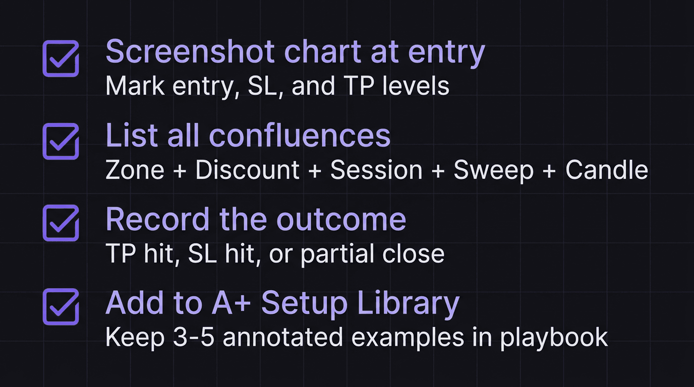 Checklist showing how to document an A+ trading setup with entry screenshot, confluence list, outcome, and playbook addition